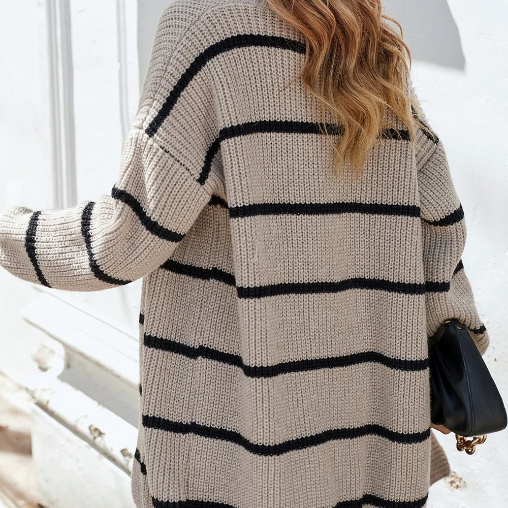 Grey Casual Womens Striped Pattern Drop Shoulder Open Front Cardigan - Picture 2 of 5